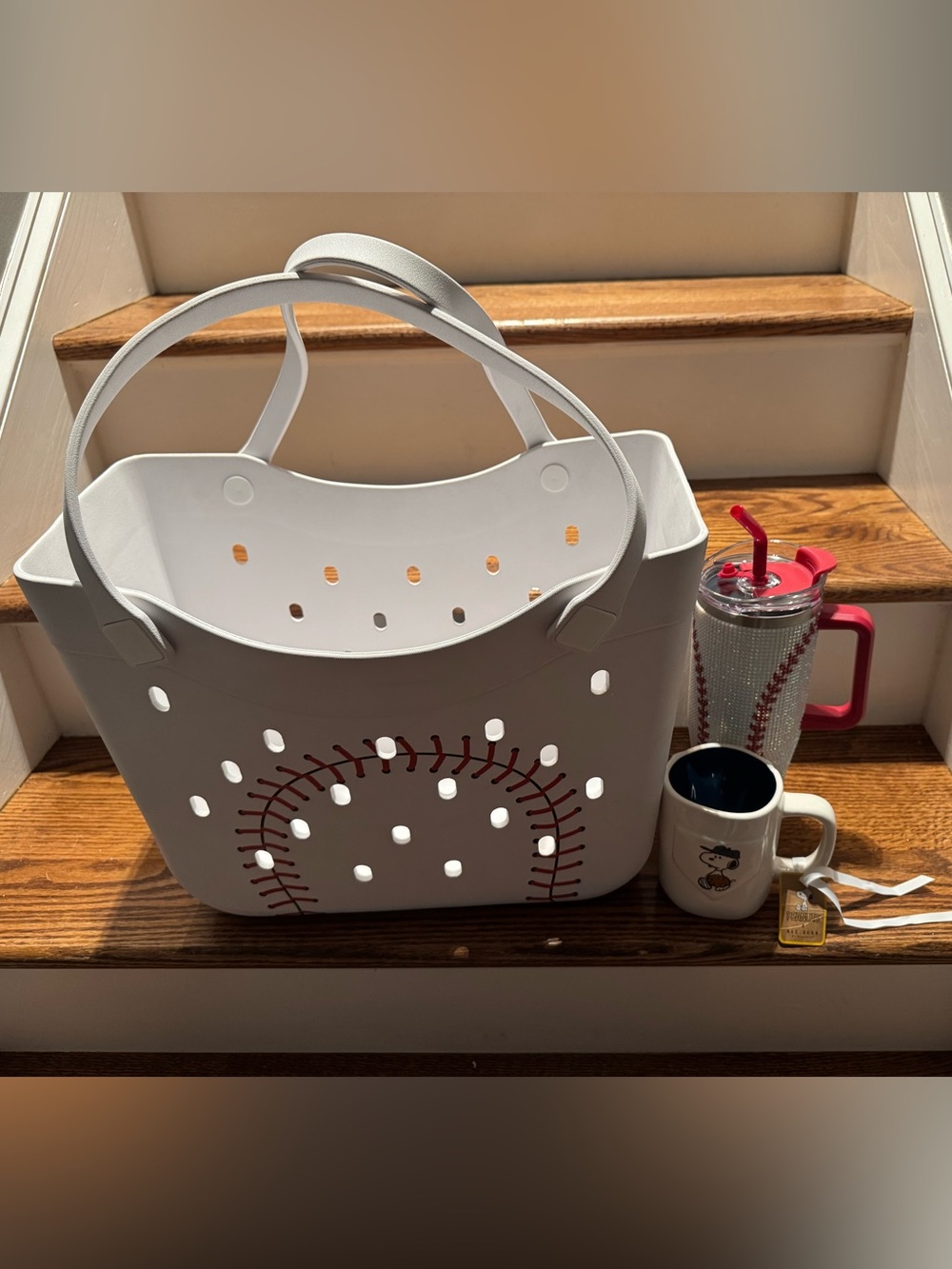 Baseball tote bag, rhinestone 40oz tumbler & Rae Dunn Snoopy coffee mug